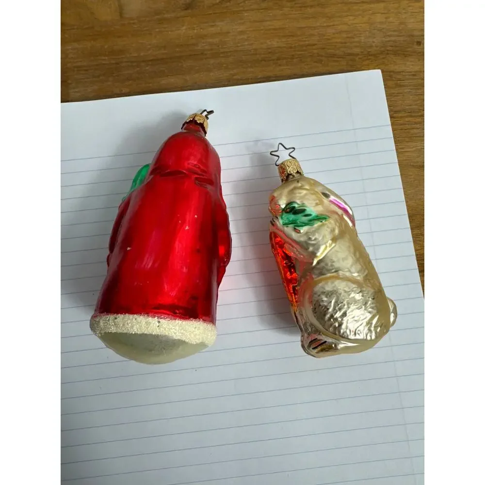 Inge Glas Ornaments Glass Santa and Rabbit Germany Christmas Traditional Gift